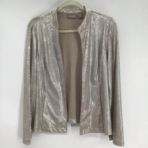 Chico’s Women’s Nickey Microsuede Metallic Reptile Print Open Jacket Size 2